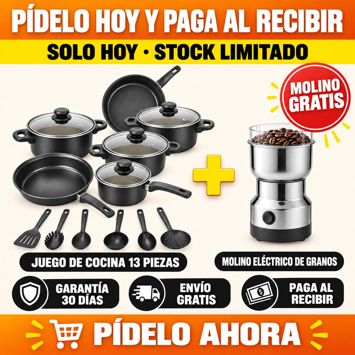 2 PRODUCTOS POR EL PRECIO DE 1 — Juego de Cocina ANTIADHERENTE 13 Piezas + Molino Eléctrico GRATIS