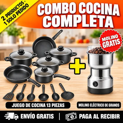 2 PRODUCTOS POR EL PRECIO DE 1 — Juego de Cocina ANTIADHERENTE 13 Piezas + Molino Eléctrico GRATIS