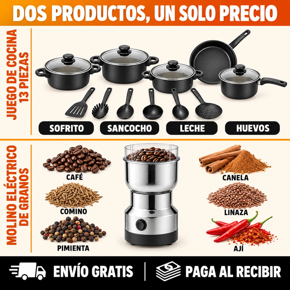2 PRODUCTOS POR EL PRECIO DE 1 — Juego de Cocina ANTIADHERENTE 13 Piezas + Molino Eléctrico GRATIS