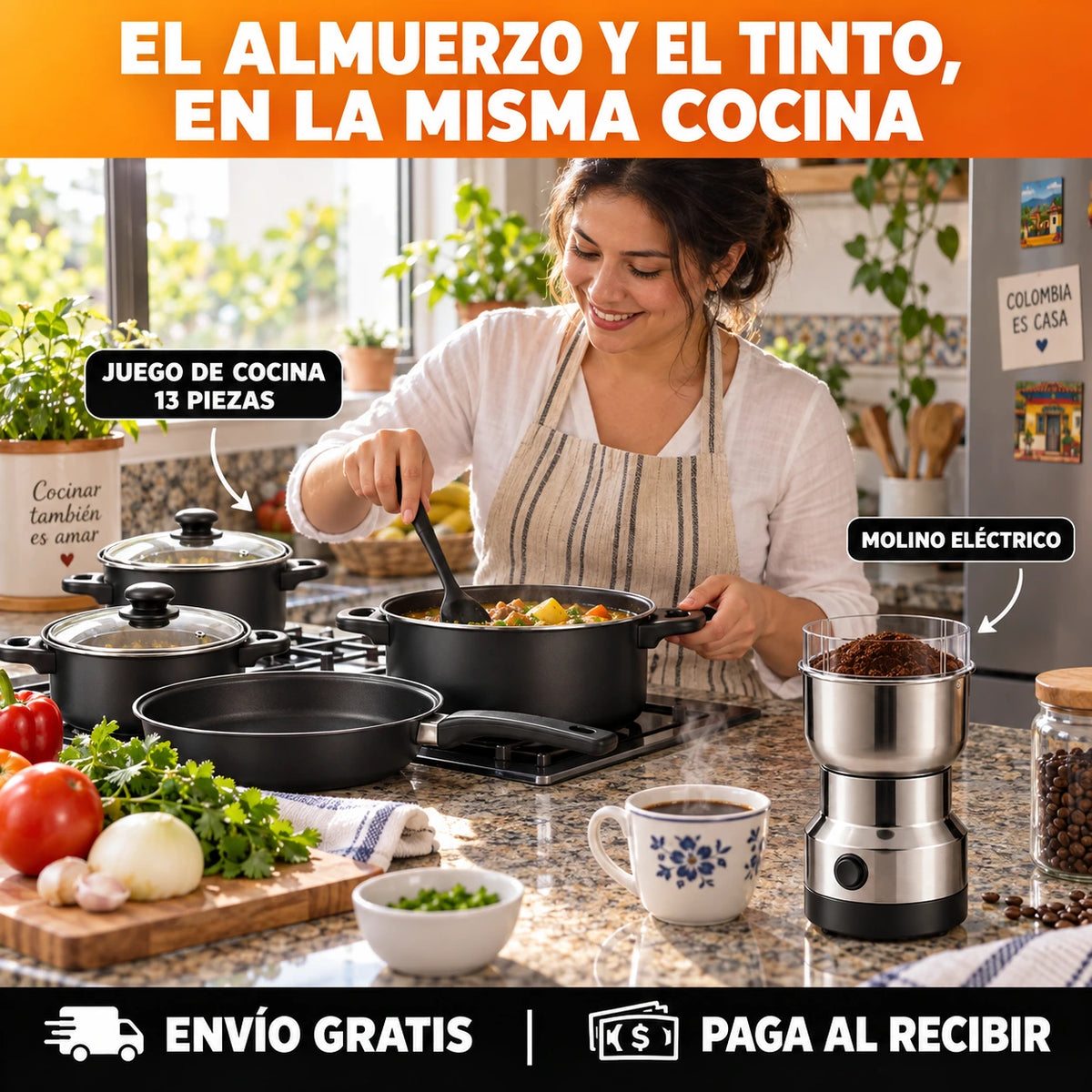 2 PRODUCTOS POR EL PRECIO DE 1 — Juego de Cocina ANTIADHERENTE 13 Piezas + Molino Eléctrico GRATIS