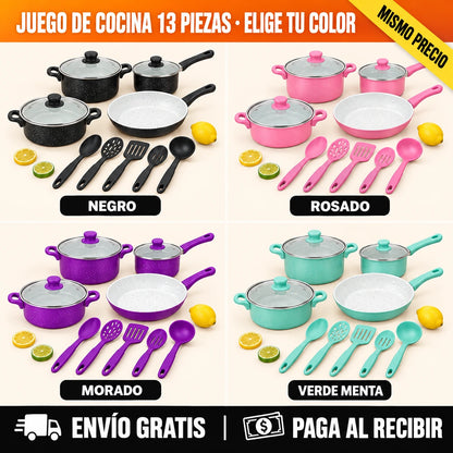 2 PRODUCTOS POR EL PRECIO DE 1 — Juego de Cocina ANTIADHERENTE 13 Piezas + Molino Eléctrico GRATIS