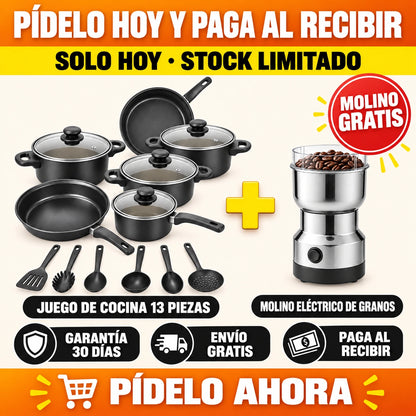 2 PRODUCTOS POR EL PRECIO DE 1 — Juego de Cocina ANTIADHERENTE 13 Piezas + Molino Eléctrico GRATIS